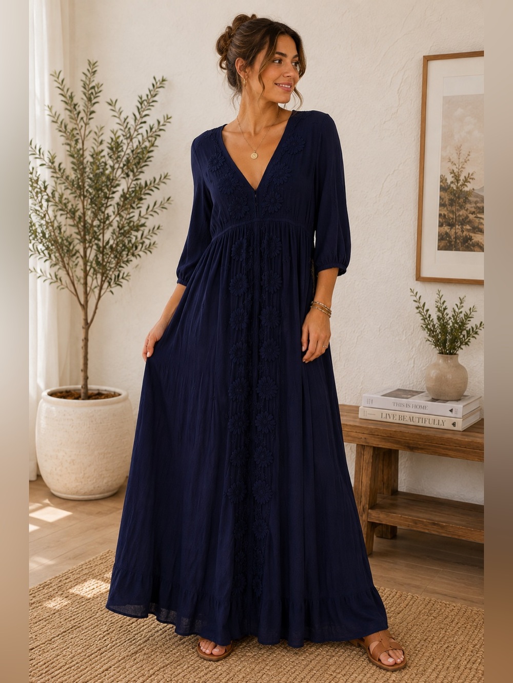 Free People Navy Embroidered Boho Maxi Dress Size L